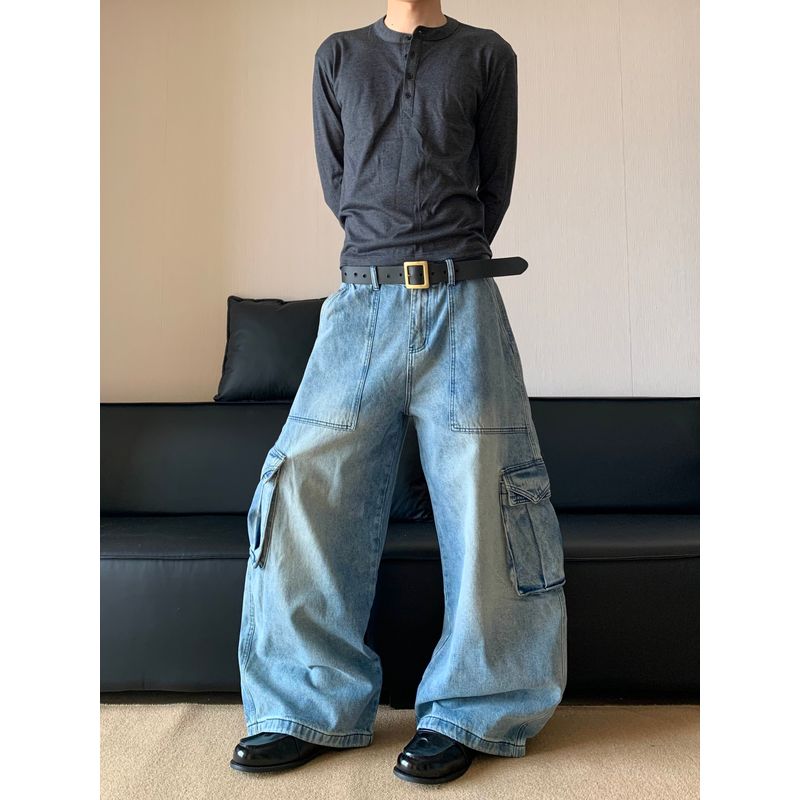 

Cabbage Coke American vintage Light Color Clothing Jeans Men s Fashion Brand Multi-pockets Washed Loose Casual Pants Men and Women Blue 2XL