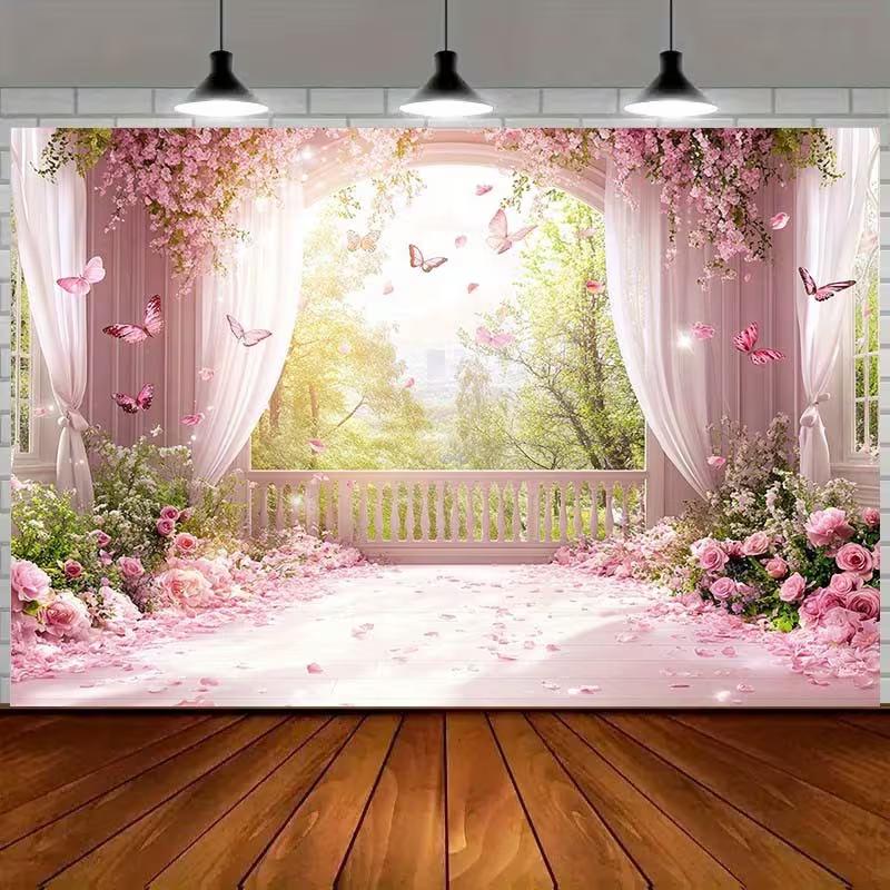 2D Spring Garden Balcony Backdrop - Romantic Photography Background for Party
