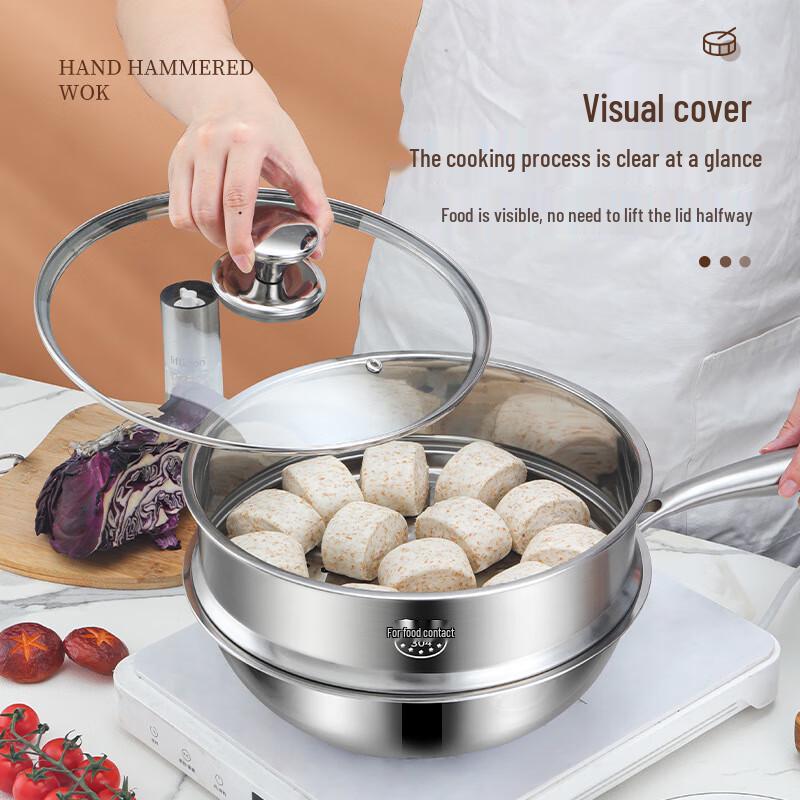 30cm Non-stick Stainless Steel Flat Bottom Stir-fry Pan with Lid