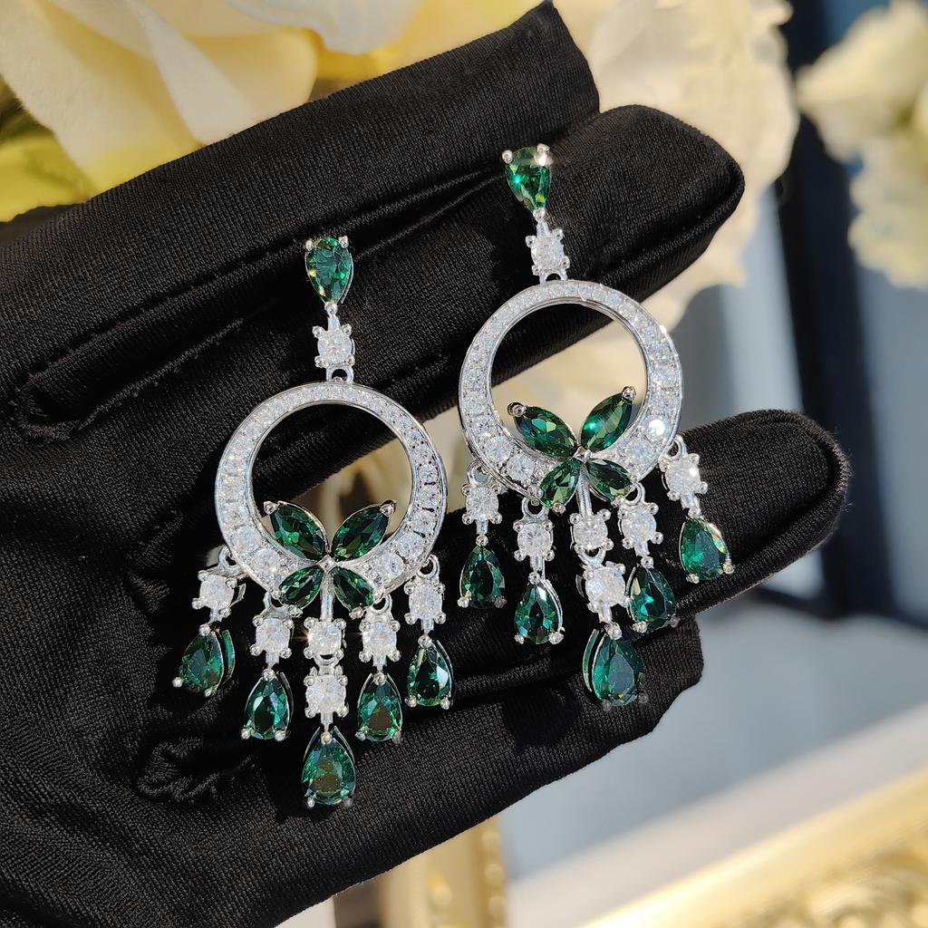 French Vintage Emerald Butterfly Tassel Earrings Earrings Heavy Industry Micro-Set Zircon Dinner Dress Pendant Necklace Women