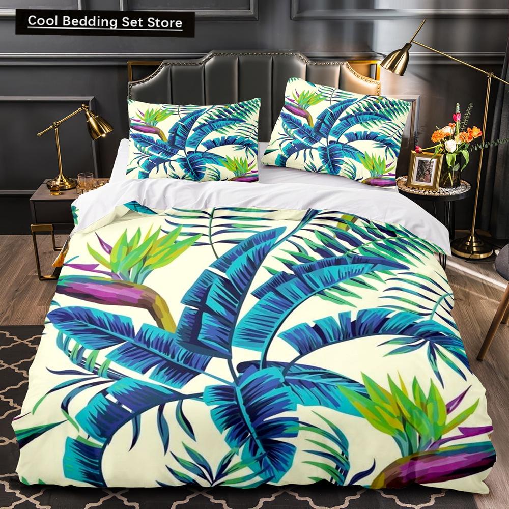 Tropical Plants Floral King Queen Duvet Cover Green Palm Leaves Bedding Set Cream-colored Flowers 2/3pcs Polyester Quilt Cover