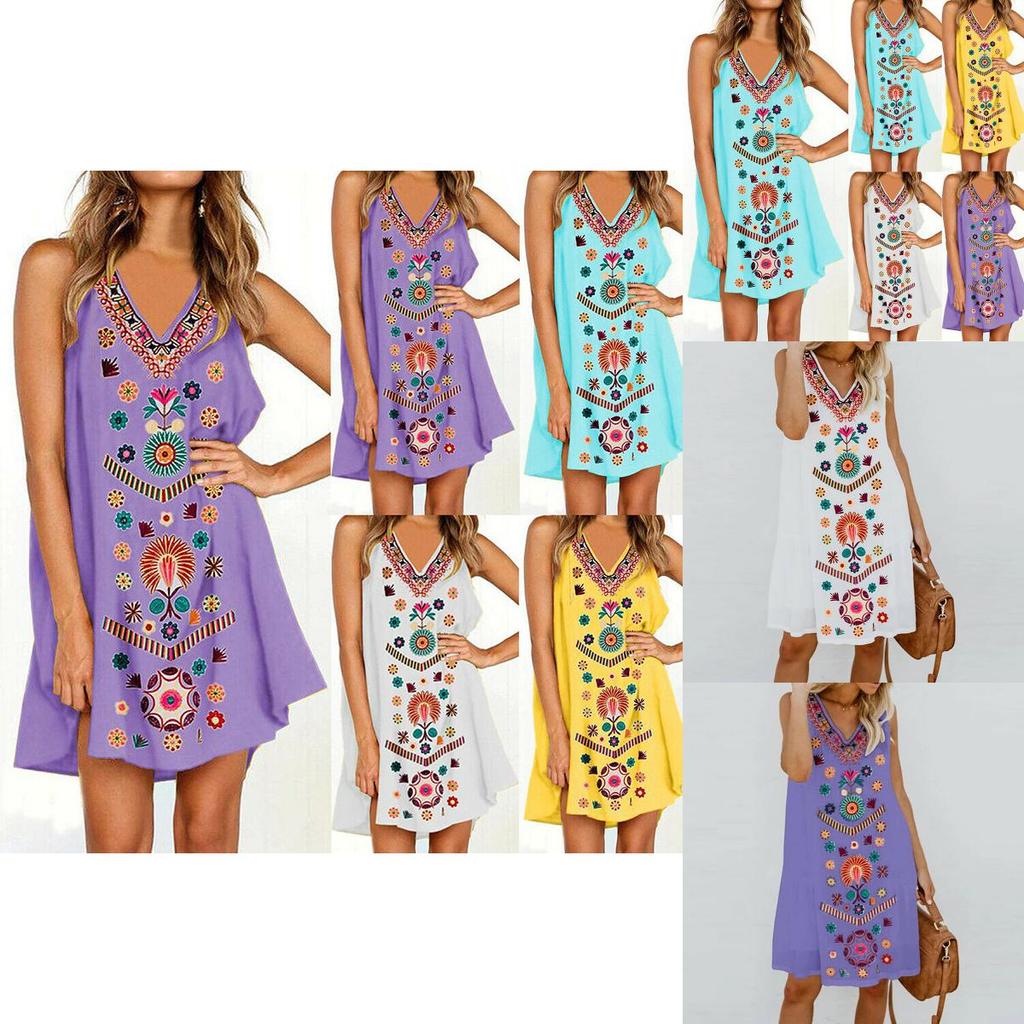 Womens Midi Dress Sleeveless Boho Beach Casual Floral Sundress Perfect For Summer