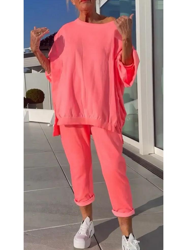 2025 Women's Casual Solid Color Long Sleeve Top and Pants Set - European & American Style