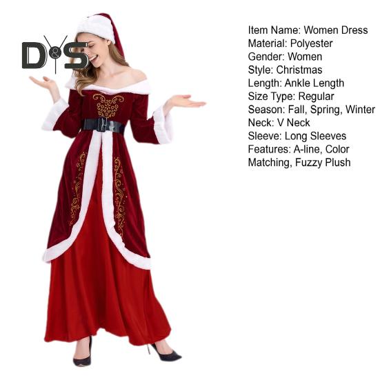 Women Christmas Dress Santa Cosplay Off Shoulder Color Matching Retro Yoyal Style with Belt And Hat A-line Performance Party Festive Costume
