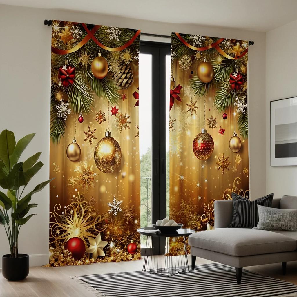 2pcs Luxurious Golden Christmas Ornament & Pine Pattern Curtains, Designed for Light Blocking, Premium Material, Suitable for C