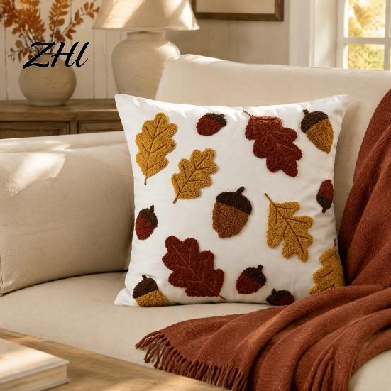 Fall Theme Decorative Pillow Cover Maple Leaf Cushion Cover, Acorn Throw Sofa 18x18 Inches Farmhouse Case for Autumn Home Decor Skin Friendly Shells