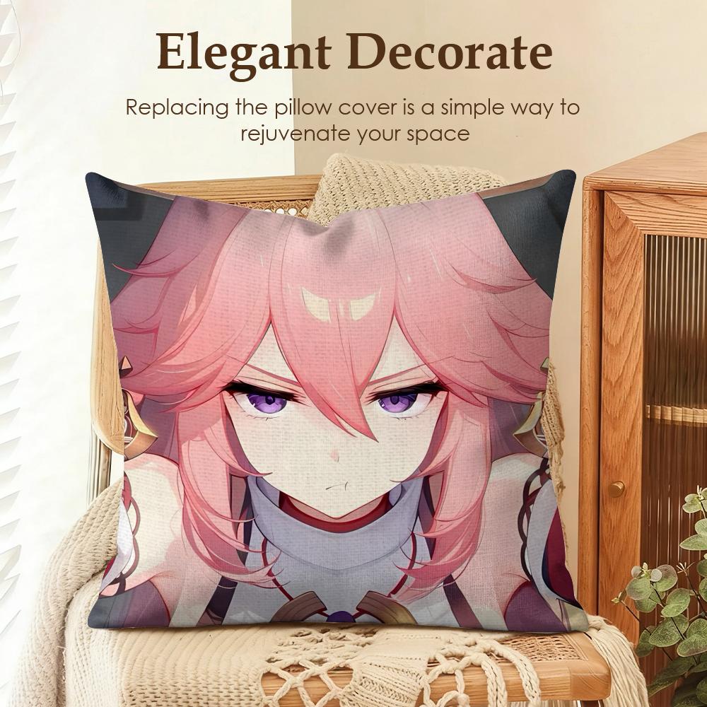 Yae Miko Genshin Impact Cushion Cover Natural Linen Organic Fabric DoubleSided Printing Sofa Home Decor Gift Pillow Case