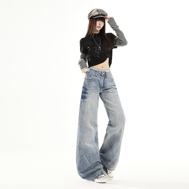 American retro low-rise wide-leg jeans new thin and loose drape straight micro-flared pants black and gray