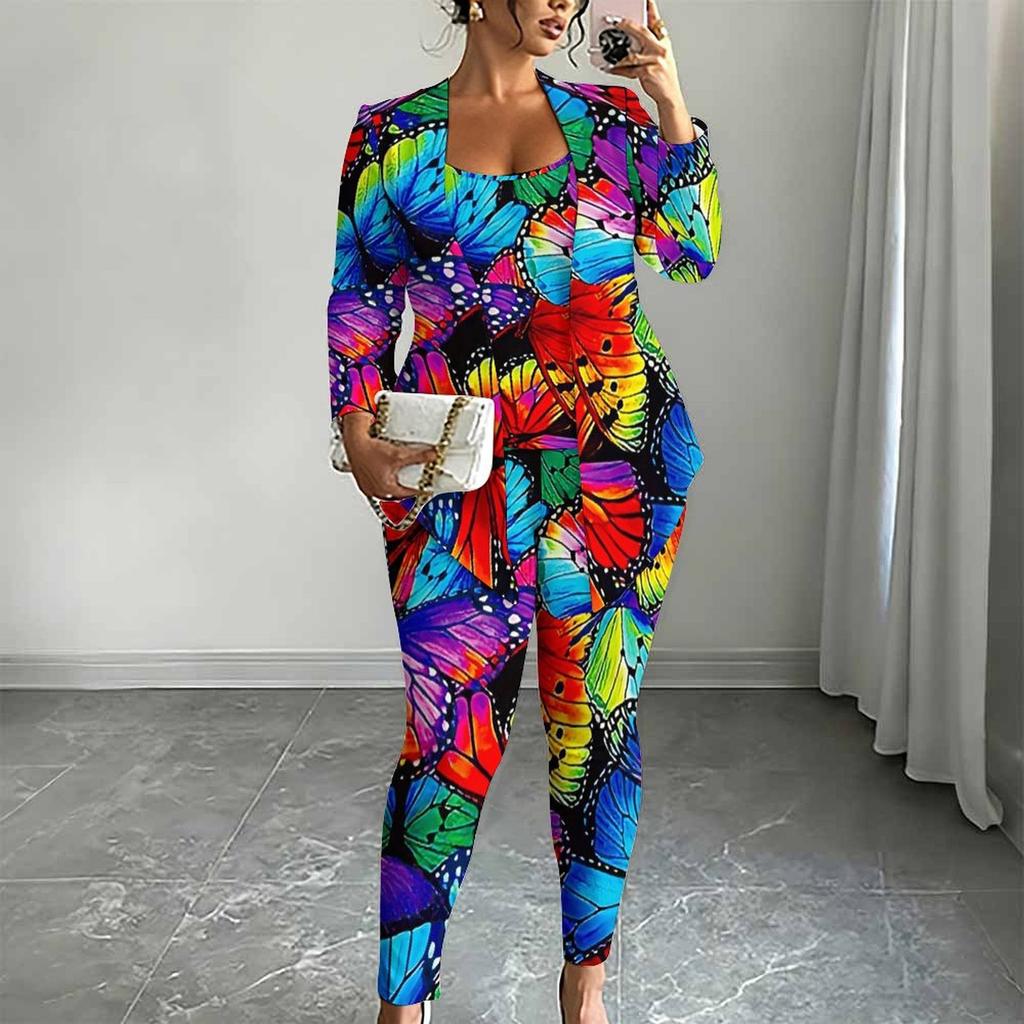 Plus Size Butterfly Print 3 Piece Outfit, Long Sleeve Open Front Cardigan Cami Top Leggings Set for Women