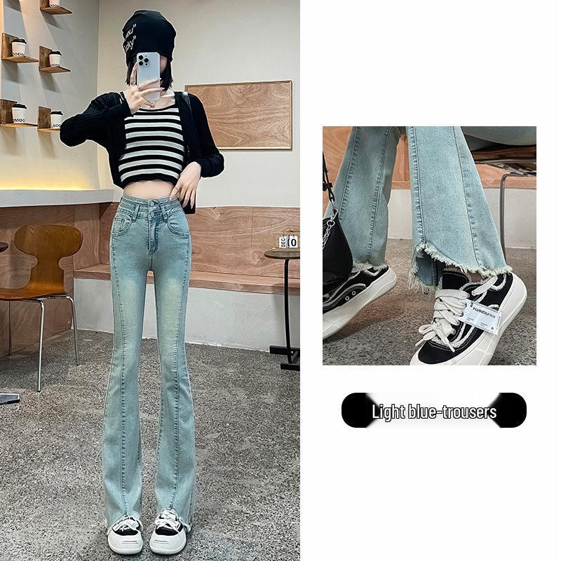 

Ретро женские джинсы стрейч с высокой посадкой: Узкие расклешенные брюки петит с флисом и необработанным краем для осени/зимы. Extra Large