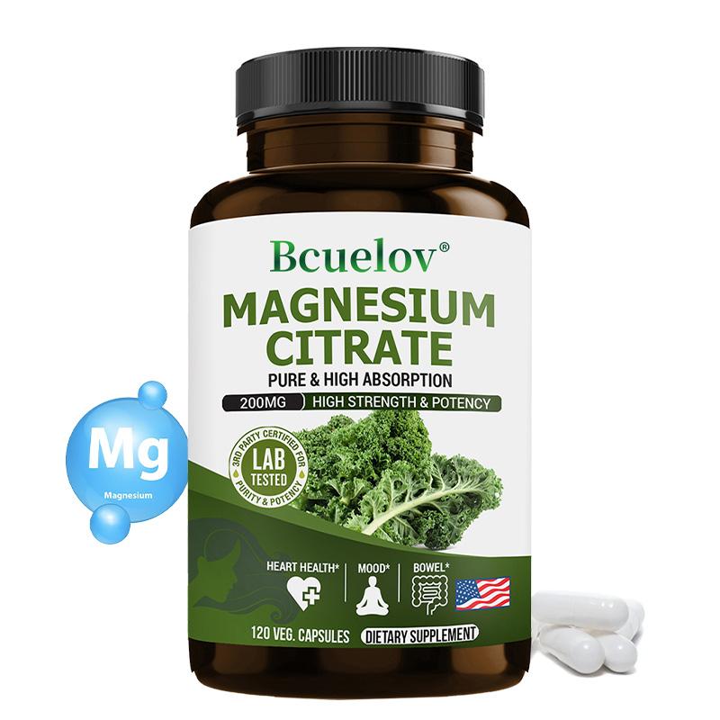 Bcuelov Magnesium Citrate — 200mg, Pure & High Absorption, 120 Veggie Capsules