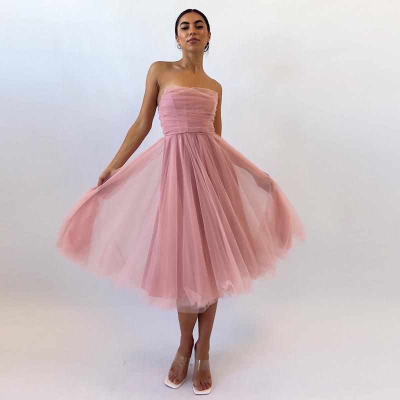 

New Sleeveless Mesh Fishbone Tube Dress Women s Waist A-Word Skirt Spring Birthday Party Dress L рожевий