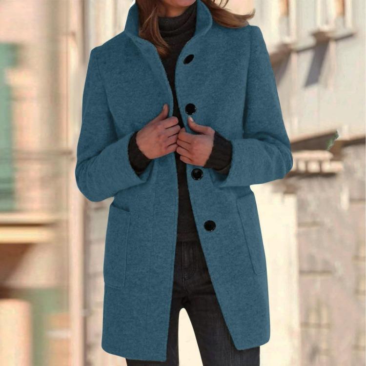 Womens Solid Color Button Up Collar Long Sleeve Jacket Casual Coat Pocket