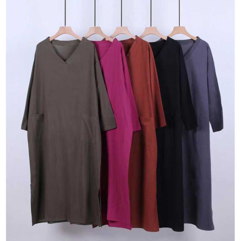 Retro Cotton and Linen V-neck Loose Long Sleeved Dress