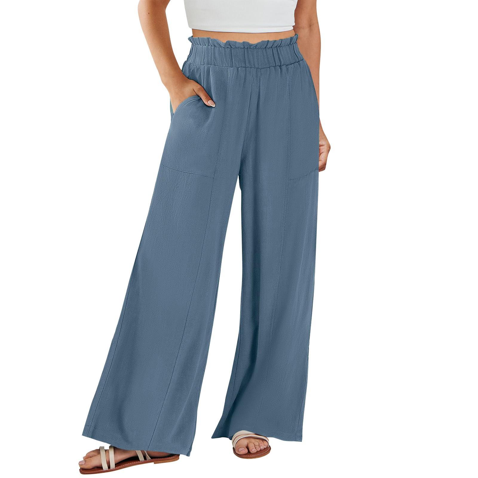 

Женские хлопковые льняные брюки, летние широкие повседневные свободные брюки-палаццо с высокой талией и шнурком, брюки с карманами S синий