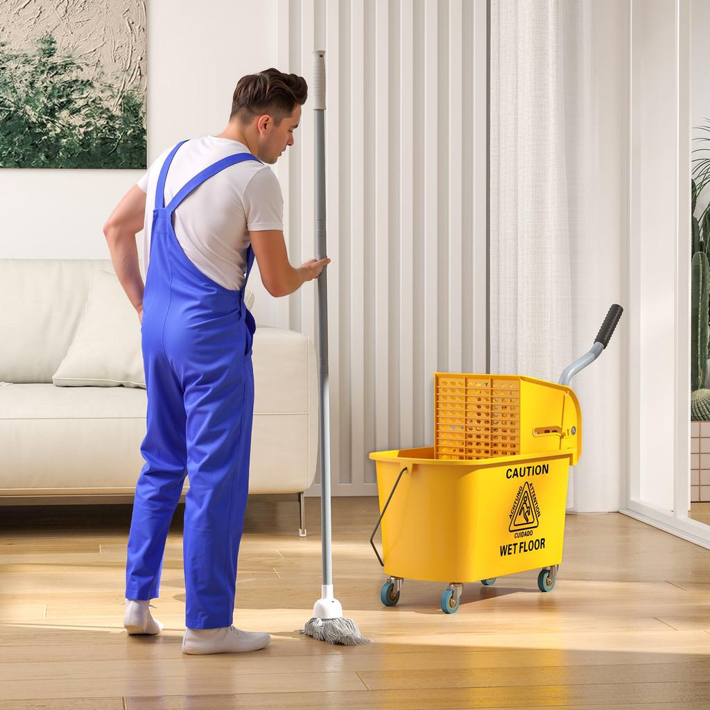 Reinigungswagen 20L Hausmeisterwagen mit Presse und Kehrset, Eimer inkl.. Wischmopp, Rolle