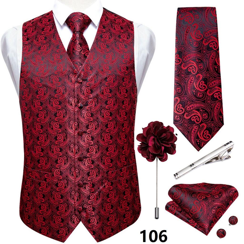 Anzug-Westen-Set für Herren, Schwarz, Rosa, Grün, Paisley-Weste, Krawatte, Einstecktuch, Manschettenknöpfe, Blumen-Corsage, Silberne Krawattenklammer, Hochzeit, Business