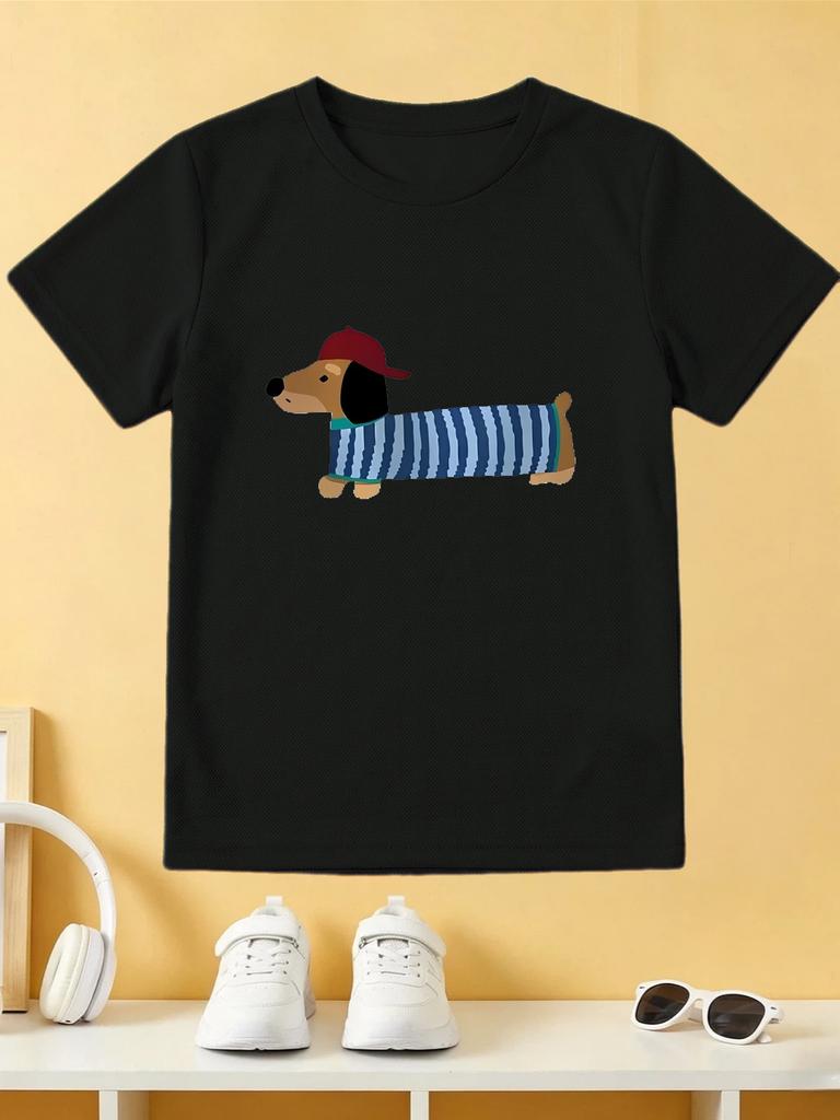 Cartoon Cap Dachshund Dog Tee Striped Puppy Animal Graphic Print Boys Girls Family Matching Polyester Short Sleeve Children Tshirt