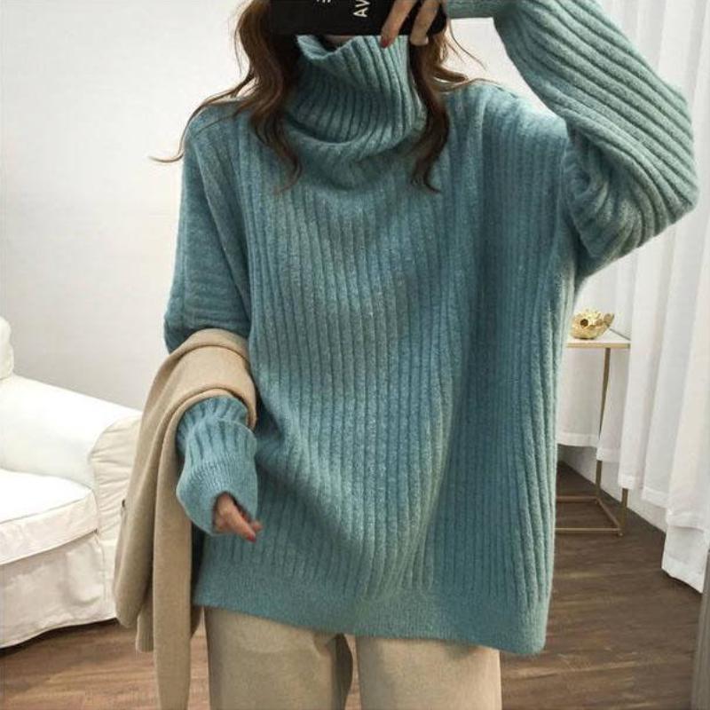 High Neck Loose Slouchy Style Ladies Sweaters Solid Colour Thickened Casual Peplum Knitted Bottoming Shirt Can Be Worn Outside Warm Tops