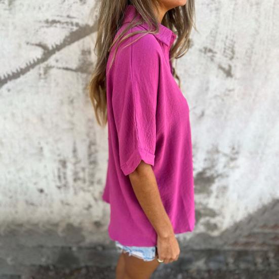 Women Shirt Lapel Short Sleeve Buttons Placket Shirt Tops Solid Color Loose Fit Thin Office Casual Shirt