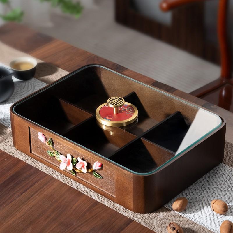 Elegant Chinese-Inspired Wooden Snack Tray With Lid 4-Compartment Fruit Nut Server Tea Time Gathering