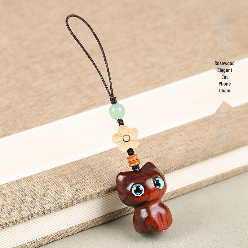 Ebenholts Katt Nyckelring Hänge - Söt Parberlock för Telefoner & Väskor