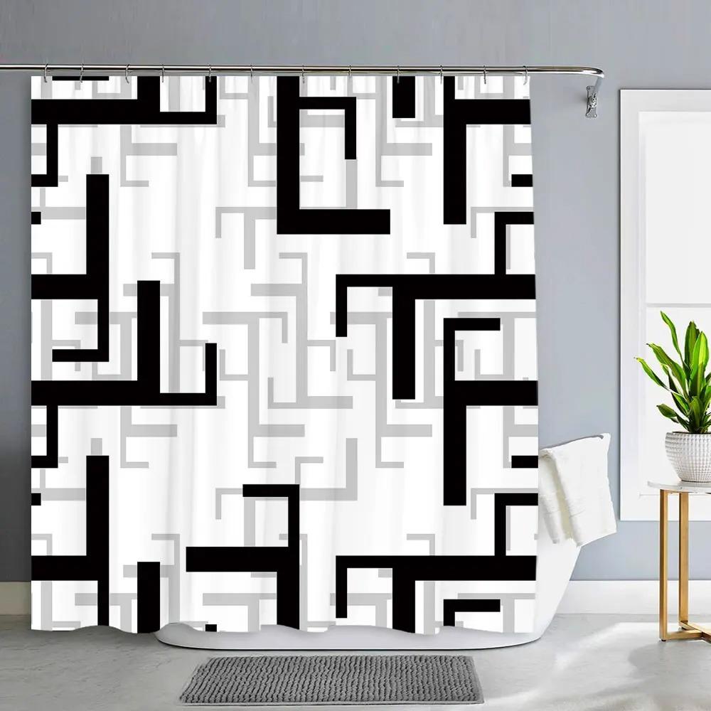 Geometric Shower Curtain Simple Modern Decorative Polyester Fabric Machine Washable Fabric Hanging Curtain Bathroom Decor