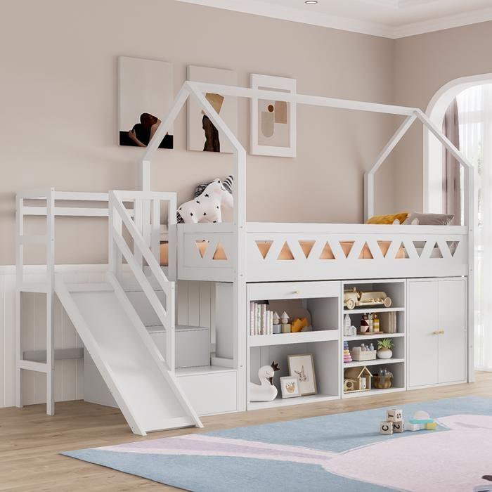 Pat de copil - MUVOE - 90x200 - Lemn masiv - Cu tobogan și sertare - Alb