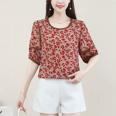 Female Clothing Broken Flowers Blouse Casual Short Sleeve Summer Prairie Chic Bright Line Decoration Spliced Basic Printed Shirt