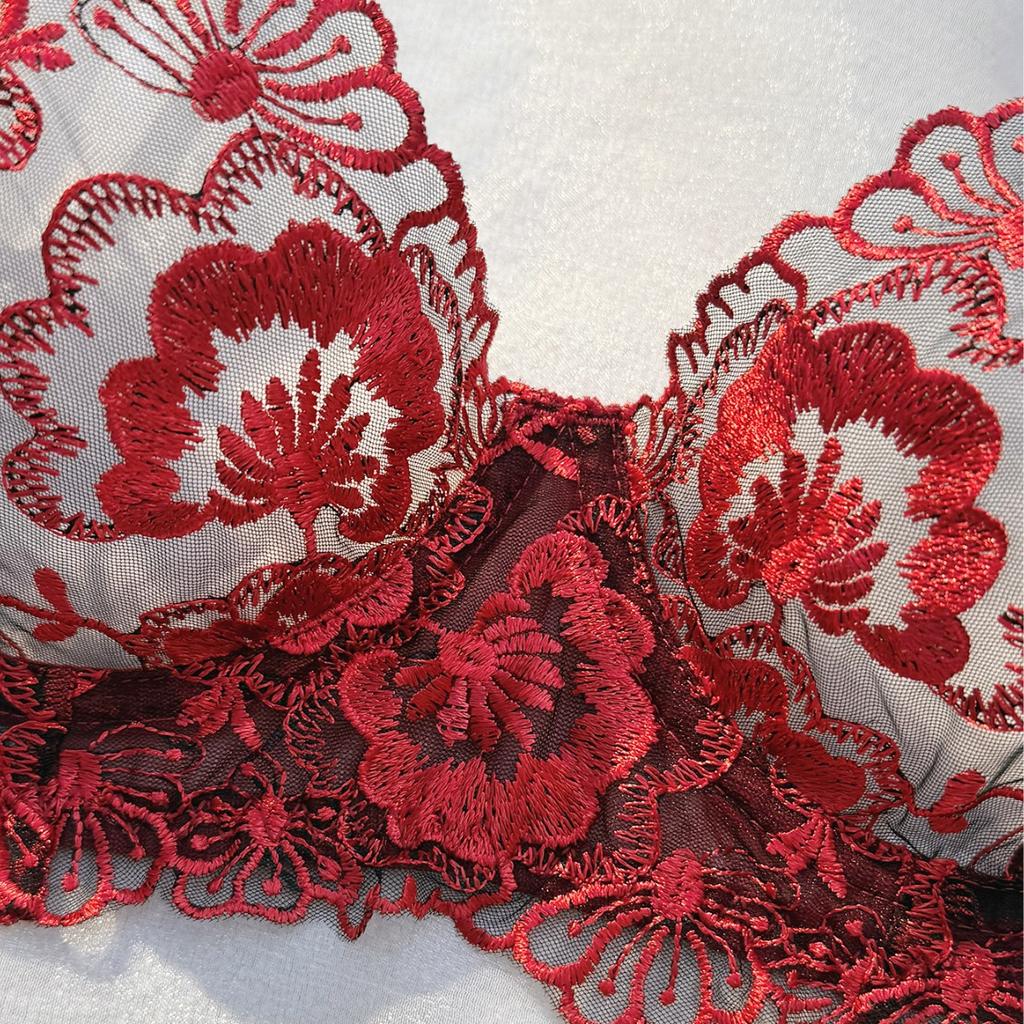 Red embroidered lace erotic underwear set, European and American gathering perspective bra thong two-piece set, spot.