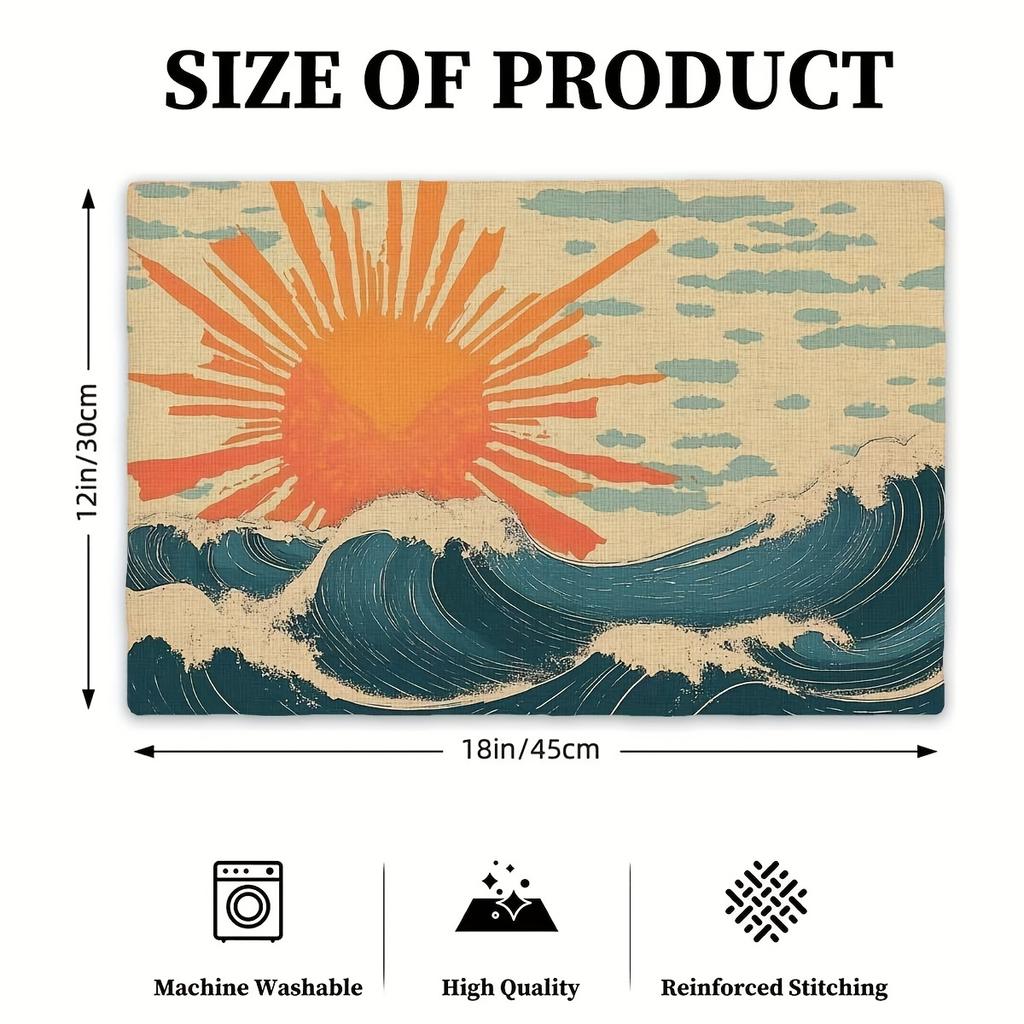 Vintage Sun and Wave Pattern Placemats - Set of 4, Polyester Rectangular Table Mats (12 x 18 Inches), Machine Washable, Ideal fo