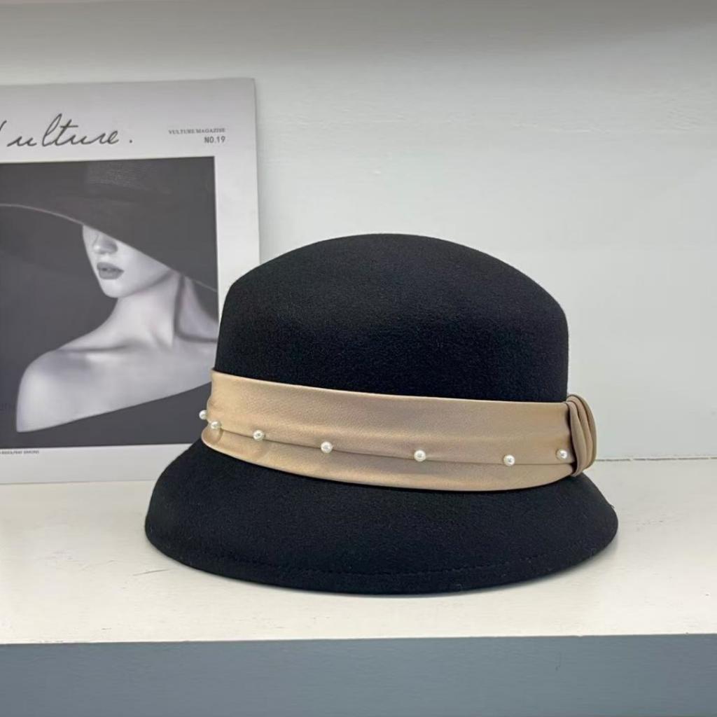 Autumn and Winter% Pure Wool Pearl Wrinkled Cloth with Decorative Small Brim Basin Hat Bucket Hat Women's Elegant Versatile Top Hat
