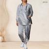 Womens Plus Size Gray Printed Scrub Set V Neck Long Sleeve Top With Pockets And Long Pants