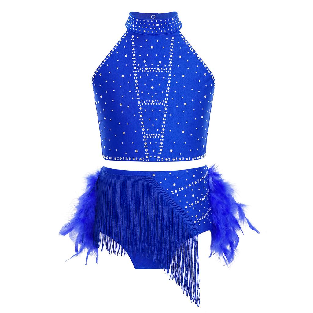 Girls Shiny Tassel Feather Latin Dress Halter Sleeveless Strappy Back Crop Top Skirt Set