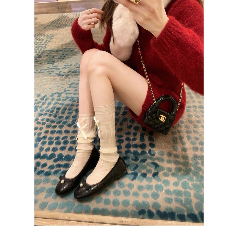 All Cowhide~ Beautiful Pearl Bow Genuine Leather Mary Jane Single Shoes Women's Super Soft-soled Evening Shoes Ballet Flats