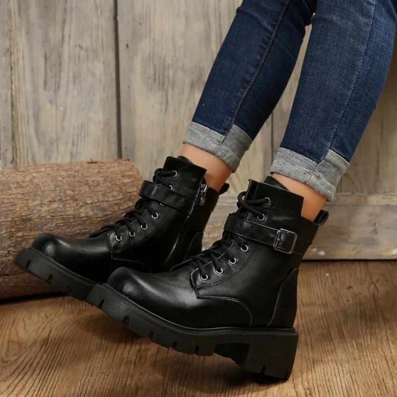 Women's Boots Retro Casual Leather Boot Classic Lace Up Ankle Boots Women Platform Boots Fashion Leather Short Boot Botas Mujer