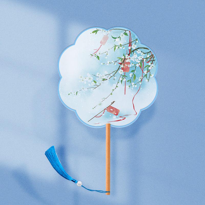 Translucent Embroidered Long-Handled Round Fan for Children's Hanfu and Cheongsam Costumes