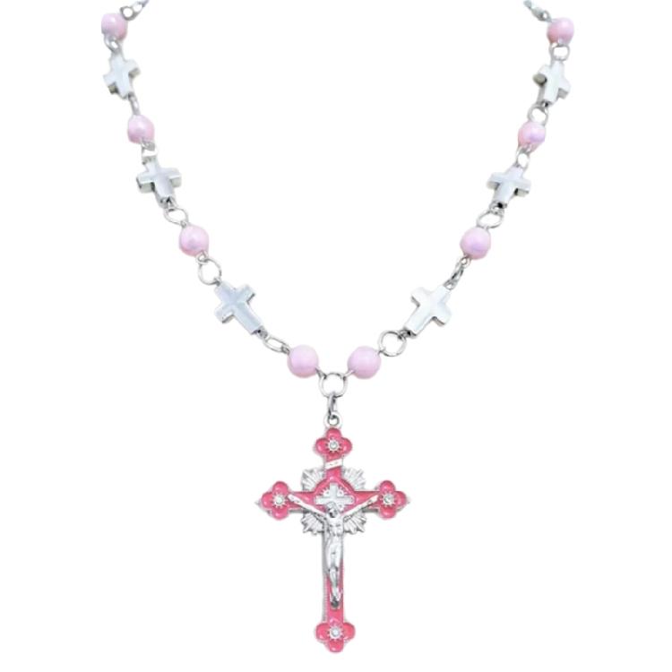Fashionable Cross Pendant Necklace Pearls Beaded Chain Hiphop Collarbone Chain