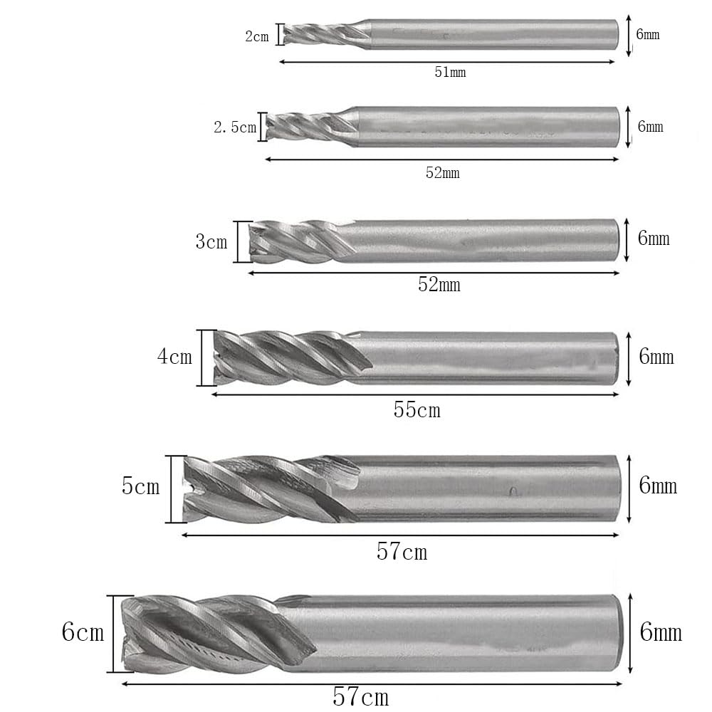Phyxiul Square End Mill Set, High Precision, General Purpose Precision Machining, 6 Pieces, 0.08