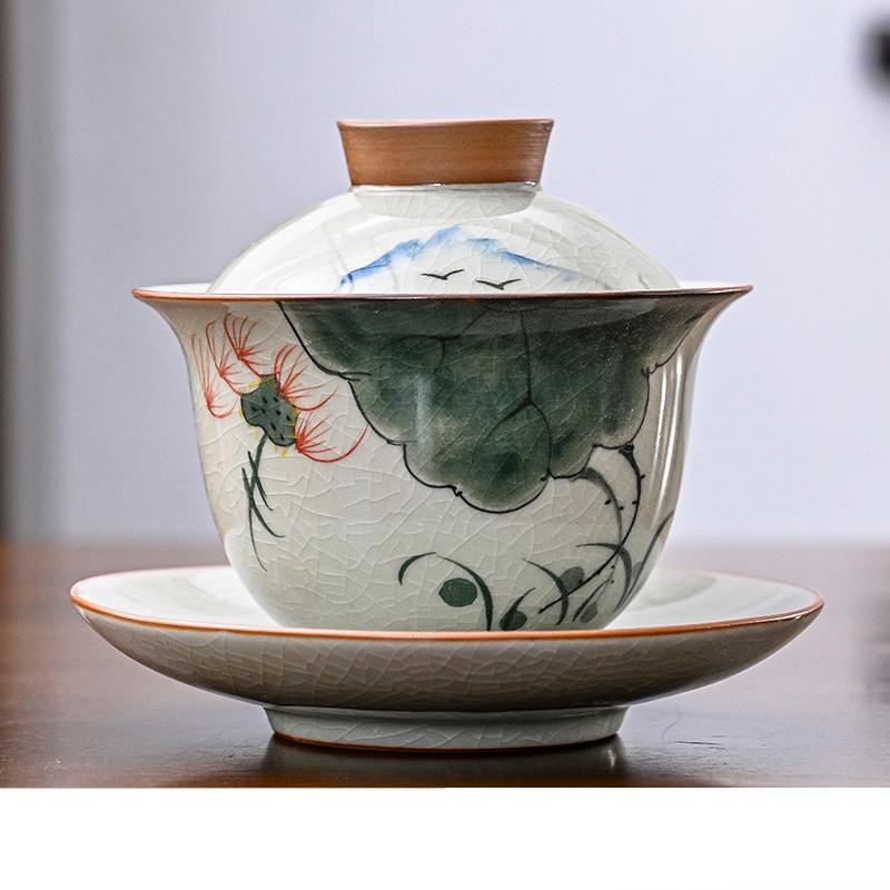 160ml Hand-painted Lotus Ceramic Tea Tureen Covered Bowl Handmade Porcelain Gaiwan Teacup Household Tea Bowl Chinese Teaware