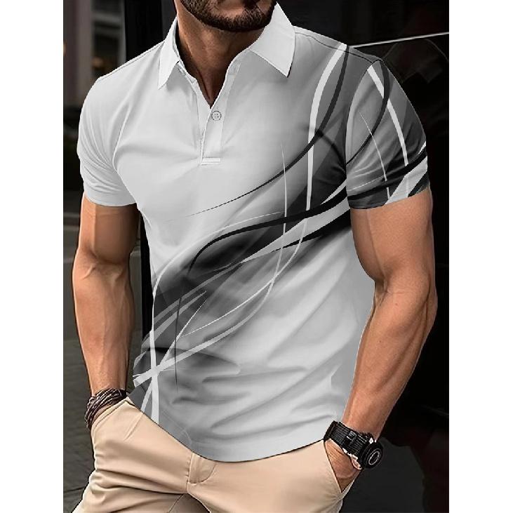 Men's Casual POLO Shirt with Geometric Pattern and Short Sleeves with Buttons