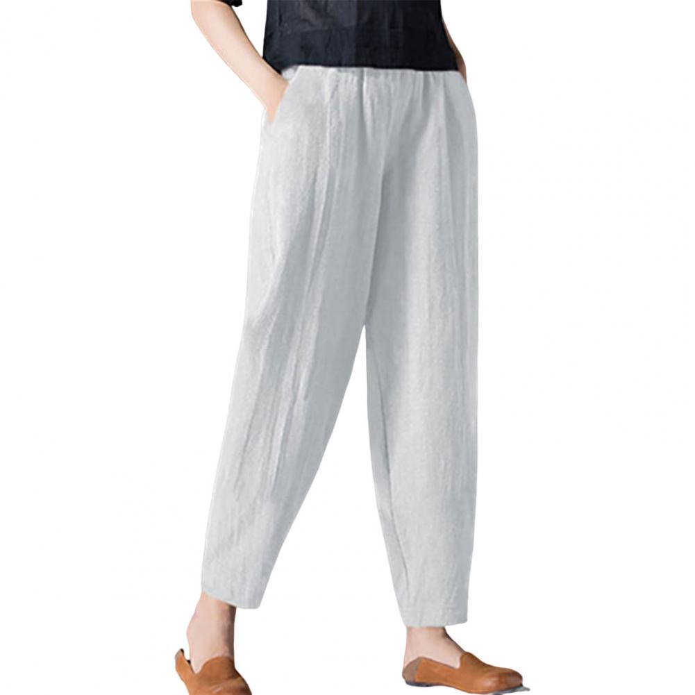 

Женские длинные брюки с карманами, эластичный пояс, широкие брюки, повседневная одежда, темперамент, женская мода, свободные льняные брюки S белый