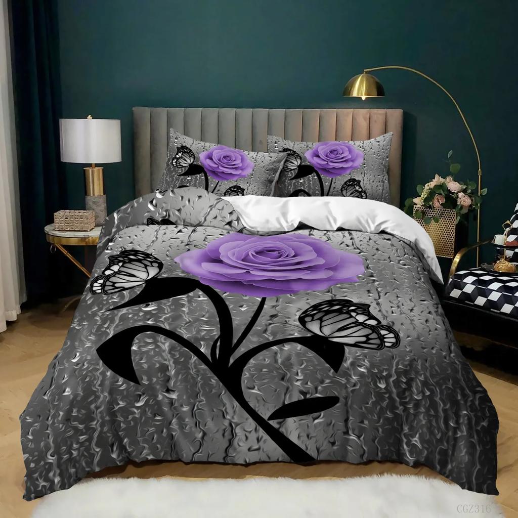 Pink Rose Duvet Cover Set Queen Size 3D Printed Rose Floral Bedding Set Botanical Blossom Flowers Microfiber Comforter Cover
