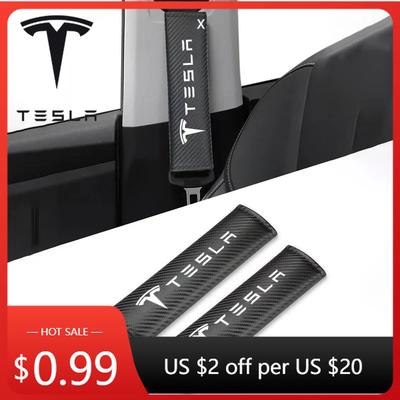 Car Sticker 2pcs Leather Car Seatbelt Cotton Safety Shoulder Protection Cover For Tesla Model 3 Model S X Y Roadster Space