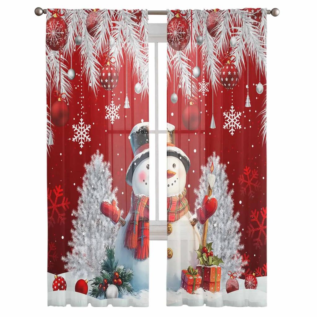 Weihnachts Schneemann Silber Kiefernzweig Kugel Transparente Vorhänge zur Wohnzimmerdekoration Fenstervorhänge Küche Tüll Voile Vorhänge
