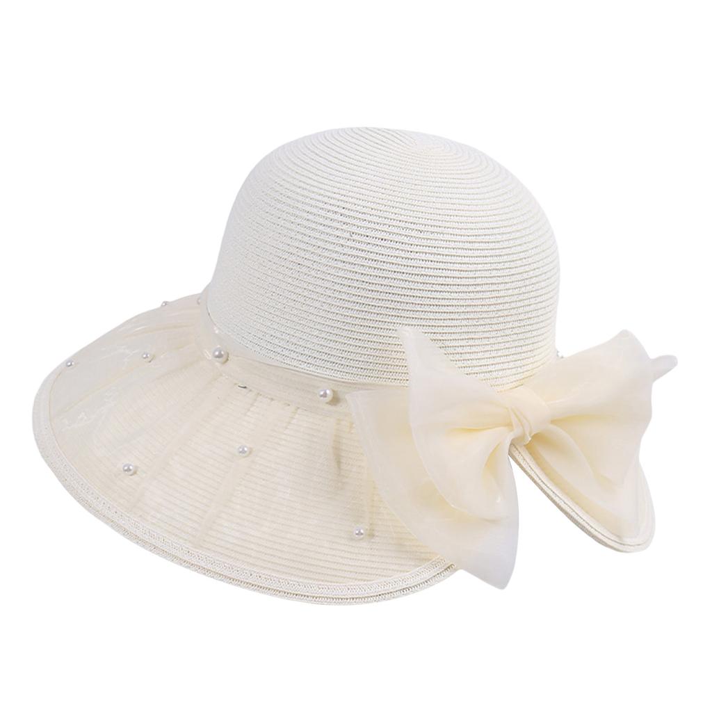 Back Bowknot Straw Sun Hats Women's Fashionable Mesh Pearls Wide Brim Sun Protection Beach Caps for Outdoor Travel Holiday