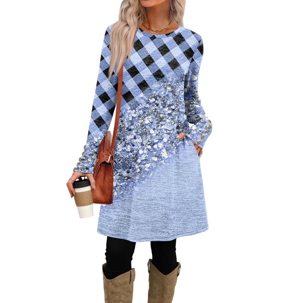 Women's Fashion Casual Dress With Pockets, Decorative Buttons, Round Neck And Long Sleeves