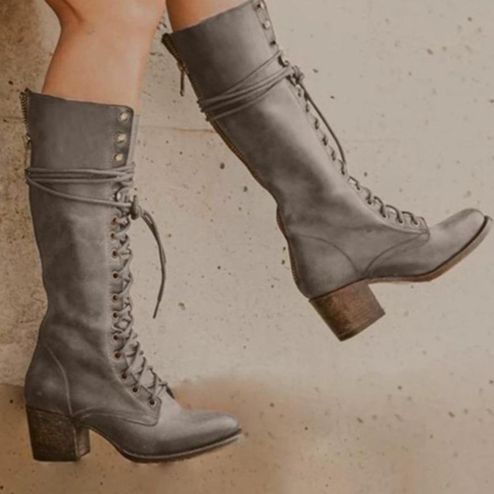 

Mid length boots for women in autumn and winter new strap up long boots for women thick heel plus size 40-43 43