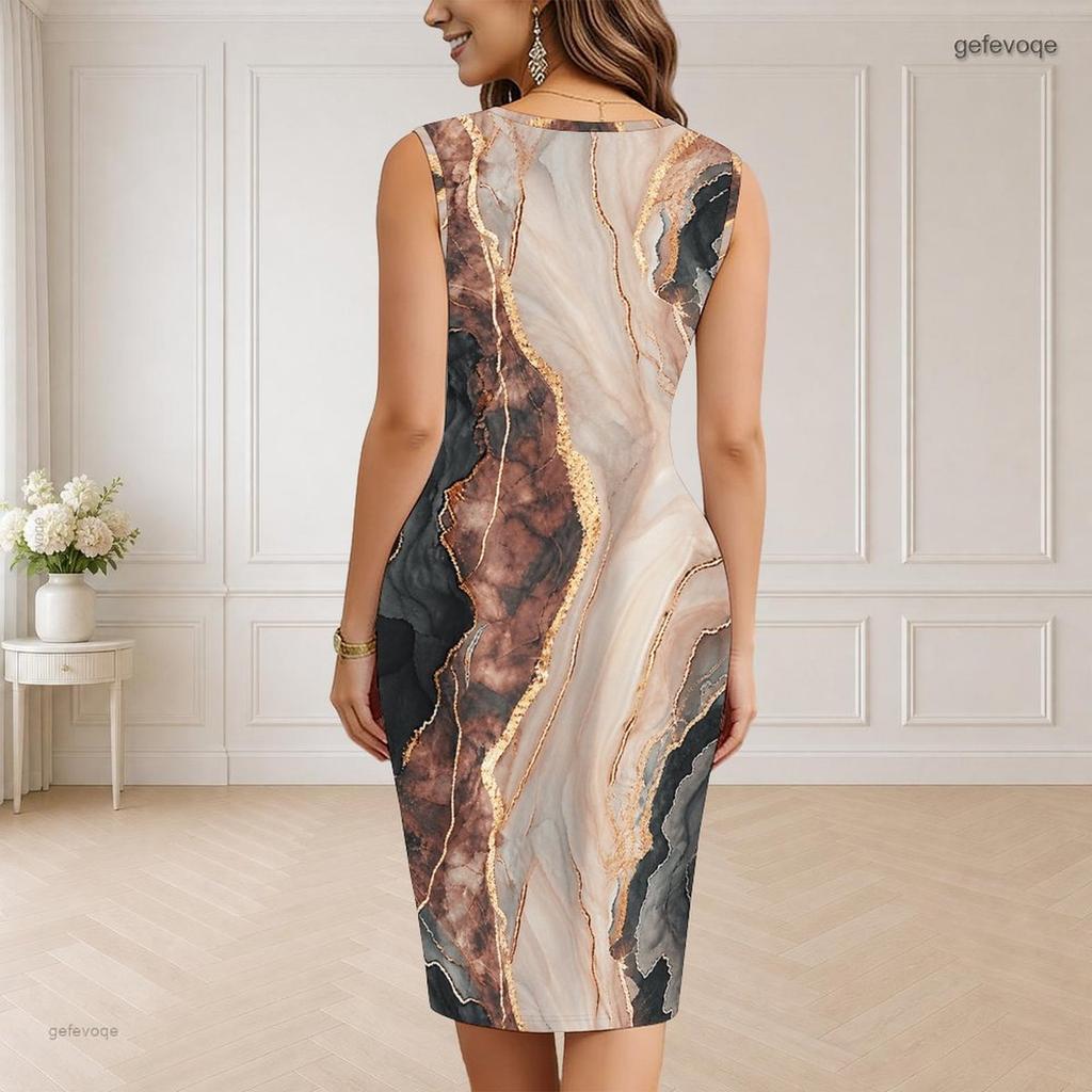 Women Plus Size V Neck Sleeveless Printed Bodycon Midi Tank Dress