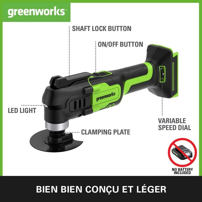 Outil multifonction oscillant - greenworks - g24mt - 24v - 18000 opm - lampe led intégrée